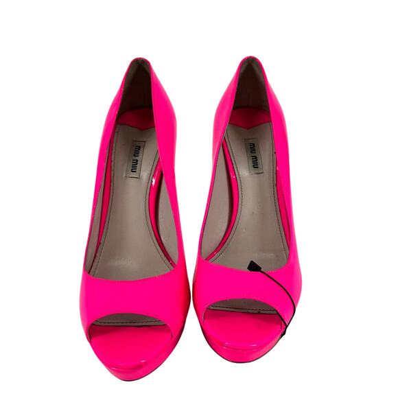 Miu Miu Neon Pink Patent Peep Toe Stiletto Heels - Picture 2 of 7